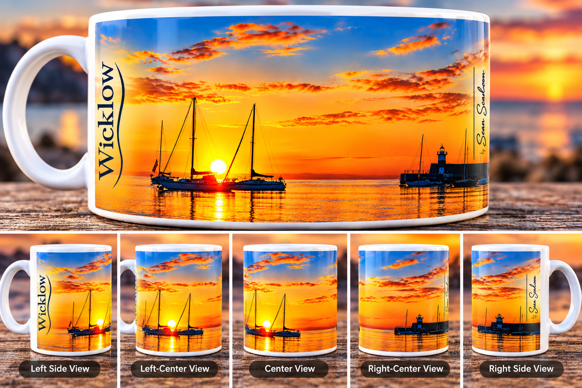 Sean Scanlon's Mug- Sunrise with Wicklow Light House and Boats